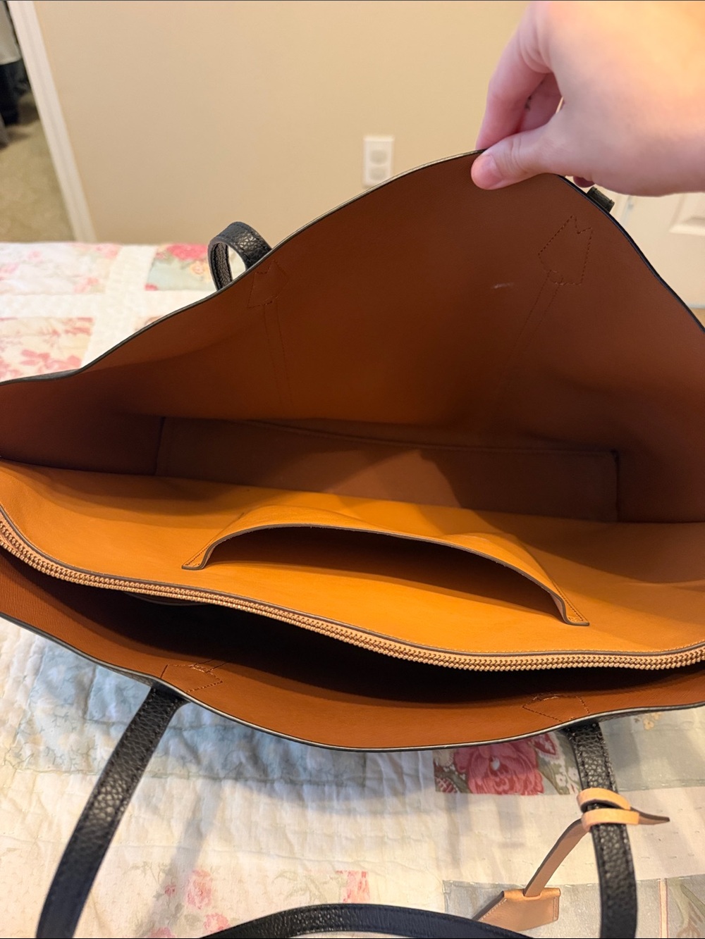 Tory Burch Black Leather Tote with Tan Tag - Picture 7 of 9